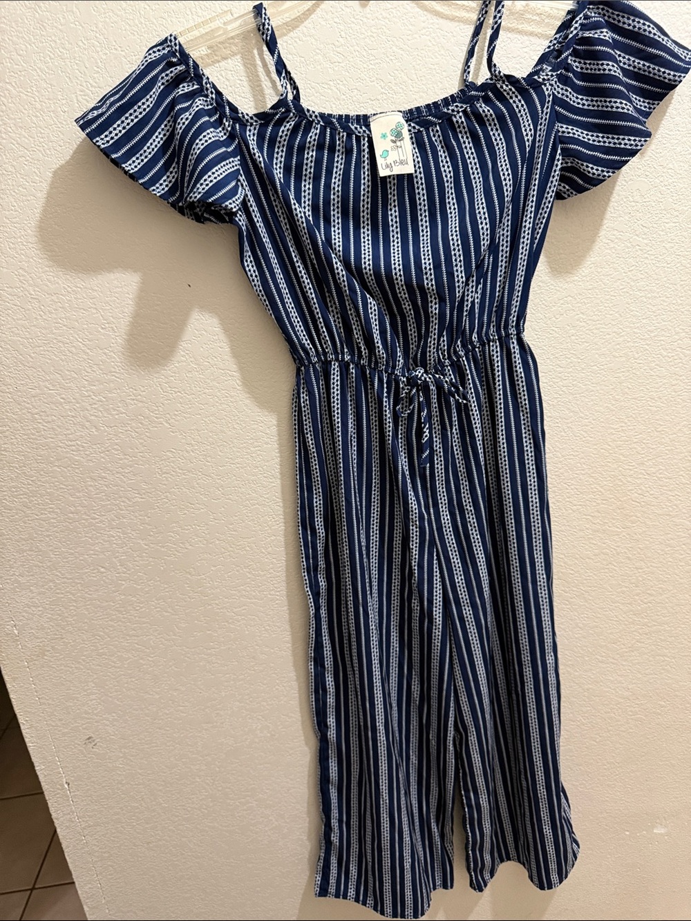 Lily Bleu Navy and White Striped Off-Shoulder Jumpsuit